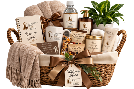 Community Care Homes welcome basket with home essentials